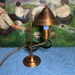 Vintage 30s Copper Desk Lamp and Clip Shade Black Iron Detail Cloth Cord